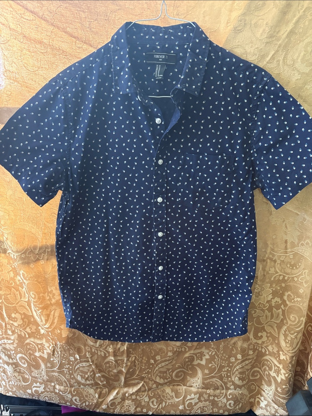Forever 21 Navy Button-Down Short Sleeve Shirt with White Micro Print